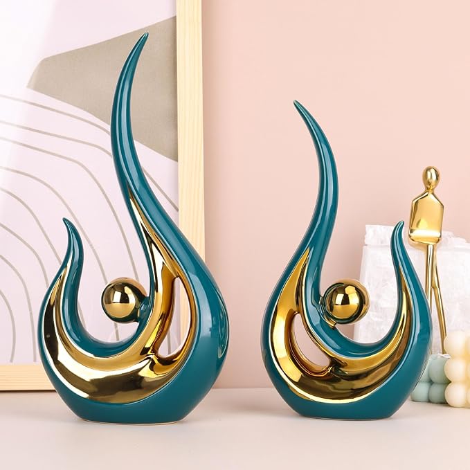 XMGZQ Teal Home Decor,Green and Gold Couple Sculpture,Green Ceramic Statues,Teal Modern Abstract Art Ceramic Statue, Decoration for Living Room, Coffee Table Centerpiece Great Gift Idea