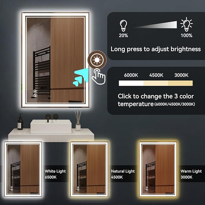 2 Pack 24“ x 36” LED Bathroom Mirror LED Mirror for Bathroom Fogless Dimmable 3 Colors Bathroom Mirror with Lights Smart Mirror Memory Function Wall Mounted Horizontal/Vertical