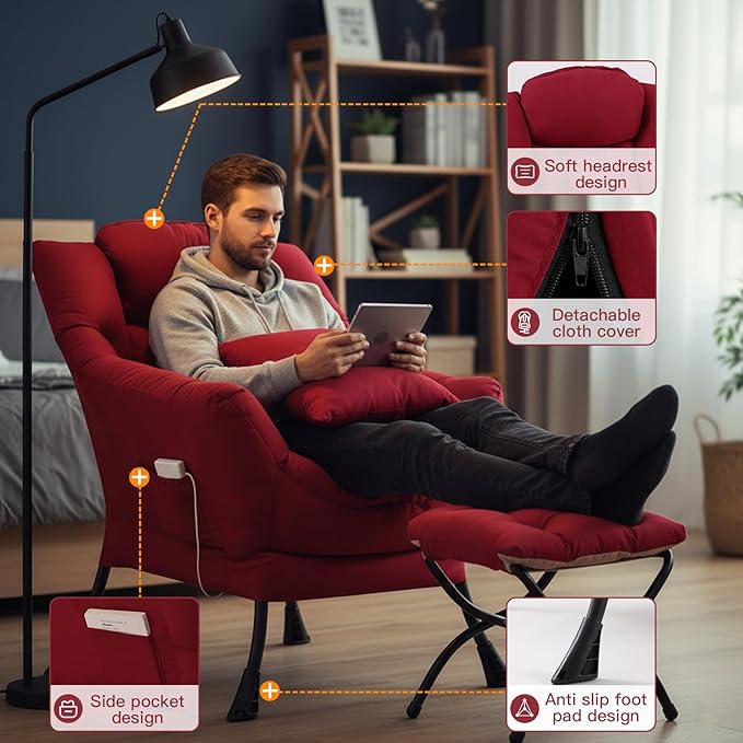 Lazy Chair with Ottoman, Large Lounge Accent Chair with Ottoman and a Throw Pillow, Burgundy Reading Chair for Living Room Bedroom Dorm Room Office Apartment Relaxing Use