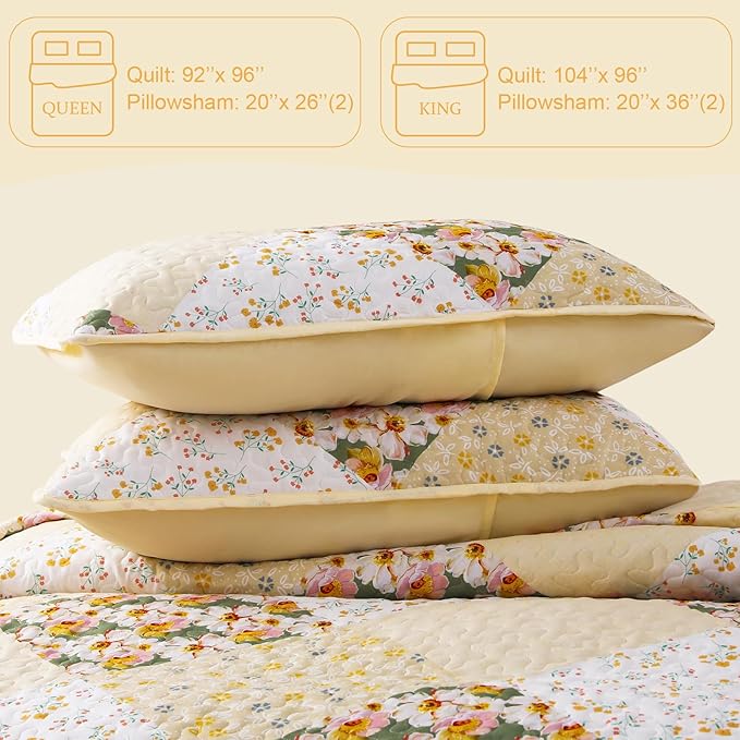 Exclusivo Mezcla Reversible Boho Quilts King Size, Yellow Bedspreads Lightweight Coverlet All Season Patchwork Quilt Bedding Set with Printed Floral Pattern (1 Quilt, 2 Pillow Shams)