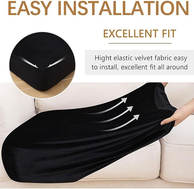 hyha Velvet Couch Cushion Covers, Soft Sofa Seat Covers for sectional 3 Cushion Couch Washable, Magic Sofa Slipcover with Elastic Bottom, Non-Slip Furniture Protector for Pets, Kid(3PC, Black)