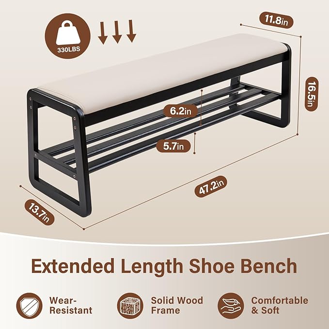 CozyDH Solid Wood Shoe Bench, Wooden Storage Entryway Bench 2-Tier, Mid-Century Shoe Rack Bench, End of Bed Bench with Leather Cushion, Ottoman Bench for Hallway Bedroom (Black 48")
