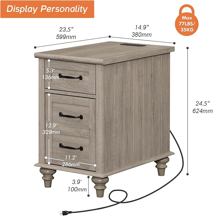 WAMPAT End Table with Charging Station, Grey Side Table with Storage Cabinet & Drawer, Wooden Nightstand with Power Outlets & Type-C USB Ports for Bedroom, Living Room