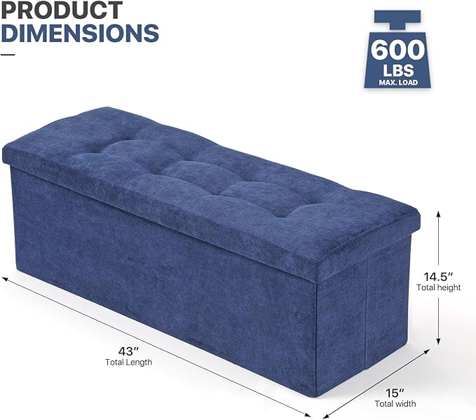 MoNiBloom 43 Inches Folding Storage Ottoman Bench, Storage Chest, Padded Seat, End of Bed Bench, Linen Fabric Ottoman Footrest for Living Room, Bedroom, Entryway, Navy Blue