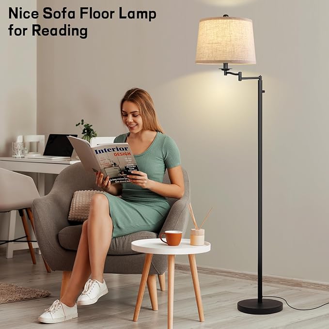 Dimmer LED Floor Lamp,Tall Standing Lamp with Swing Arm,Black Lamp with Dimmer LED Bulb,Elegant Floor Lamp for Living Rooms & Bedroom (Black)
