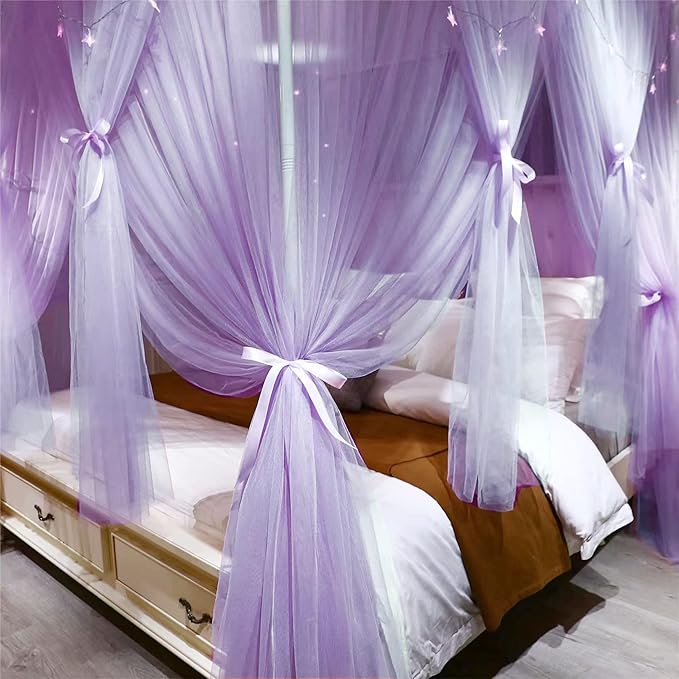 VETHIN 4 Corners Post Princess Bed Canopy Curtain Double Layer Cozy Drape Netting 4 Opening Mosquito Net for Girls & Adults Bedroom Decoration Accessories (Double Purple,64" W*82" L*82"*H/(Queen))