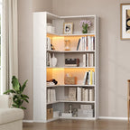 4 EVER WINNER Corner Book Shelf with LED Lights, 71” Corner Bookshelf for Living Room, Study Room, Wooden Storage Display Industrial l Shaped Bookshelf, White