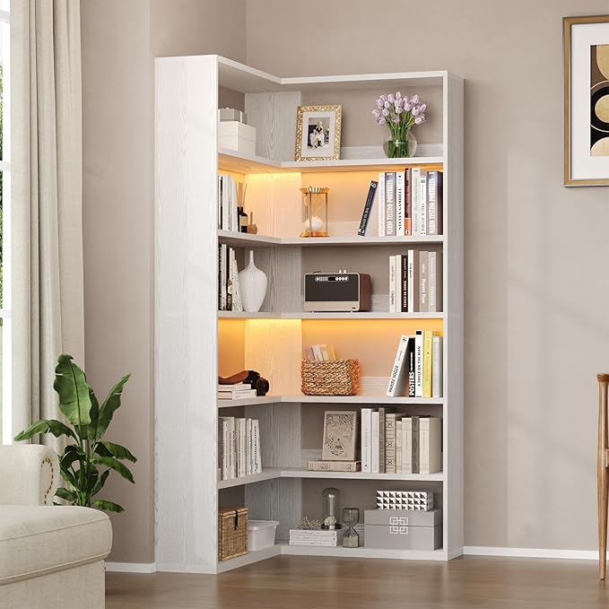 4 EVER WINNER Corner Book Shelf with LED Lights, 71” Corner Bookshelf for Living Room, Study Room, Wooden Storage Display Industrial l Shaped Bookshelf, White