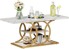 GiftGo Rustic Coffee Table with Storage Modern 3 Tier Center Living Room Table Faux Marble Wooden Rectangle Cocktail Tea Table for Office Bedroom Elegant Full Moon Design (White Gold, L-47)