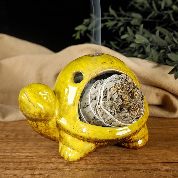 Yellow Ceramic Turtle Palo Santo Burner Holder-Mini Chiminea Incense Dish for Burning Smudge Sticks、Sage、Aromatic Santos、 Incense Cones Fits Altar &Zen Spaces,Unique Gift for Friends & Family