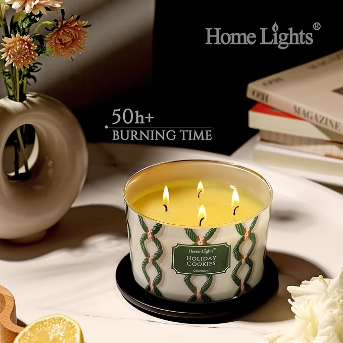 HomeLights 4-Wick Candles for Home Scented - 18oz Soy Wax Blend Candle Long-Lasting Fragrance, Rustic Modern Home Decor and Housewarming Gifts, Holiday Cookies