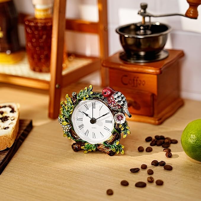 Mini Tabletop Clock, Decorative Vintage Floral Metal Table Clock with Battery Operated for Bedside, Table, Living Room, Home and Office