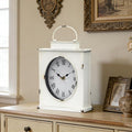 MODE HOME Vintage Mantel Clock, Large Rustic Distressed Metal Table Clock with Handle, Silent Non-Ticking Quartz Movement, Whitewashed Fireplace Shelf Desk Clock for Living Room Bedroom Office