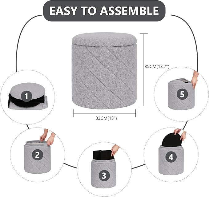 13" Foldable Boucle Round Storage Ottoman,Space-Saving Footrest/Seating/Coffee Table for Small Apartments,Dorms & Bedrooms-Grey