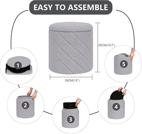 13" Foldable Boucle Round Storage Ottoman,Space-Saving Footrest/Seating/Coffee Table for Small Apartments,Dorms & Bedrooms-Grey
