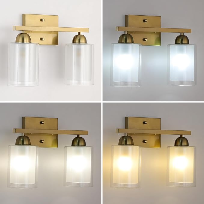 Stainless Steel Bathroom Vanity Light Over Mirror, 2 Light Brushed Gold Bathroom Light Fixtures with Milk Glass and Clear Glass Shades, Modern Vanity Lighting Wall Mount