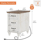 WAMPAT Set of 2 End Tables with Charging Station, Antique White Side Table with Storage Cabinet & Drawer, Wooden Nightstands with Power Outlets & Type-C USB Port for Bedroom