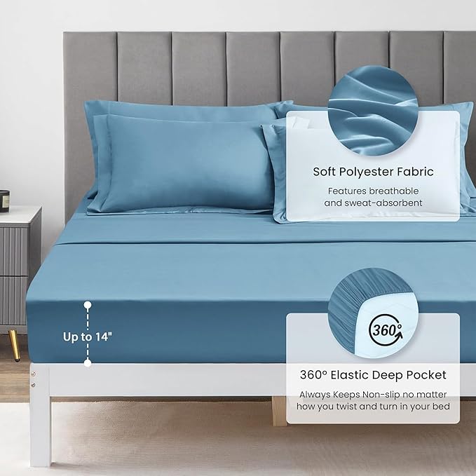 Love's cabin Twin Comforter Set Misty Blue, 5 Pieces Twin Bed in a Bag, All Season Bedding Sets with 1 Comforter, 1 Flat Sheet, 1 Fitted Sheet, 1 Pillowcase and 1 Pillow Sham