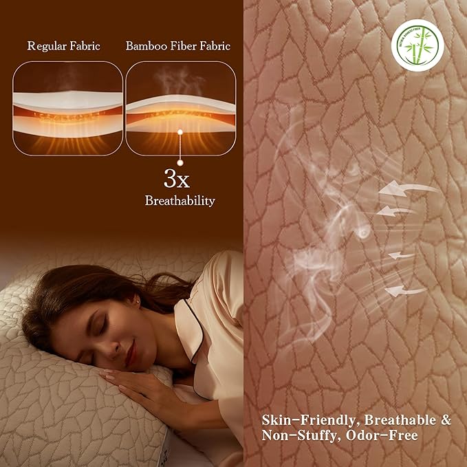 Memory Foam Pillows for Sleeping Adjustable Bamboo Blend Breathable Bed Pillow for Side, Back, and Stomach Sleepers Washable Pillow Cover Nocturne Queen Size 17x27IN