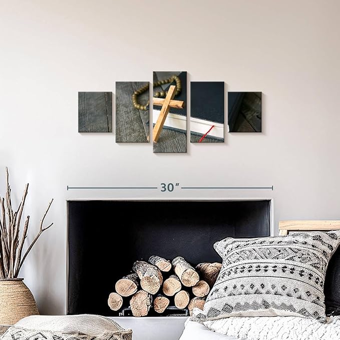 Elephant Stock Cross Canvas - 5 Panel Christian Pictures Decor - Canvas Print Wall Decor - Christian Cross Wall Art - 29" X 12"