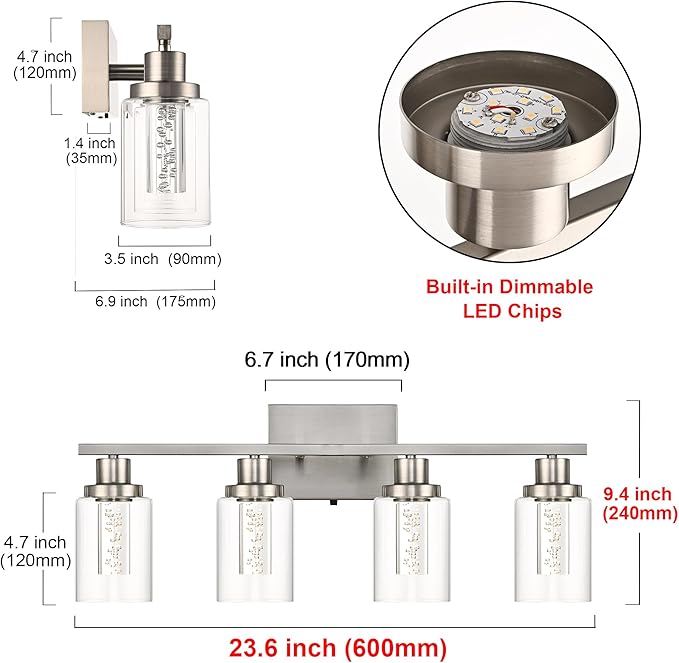 MELUCEE 4-Light LED Bathroom Lighting Fixtures Brushed Nickel, Dimmable LED Vanity Light for Bathroom 3000K-6000K Bathroom Wall Lights with Crystal Bubble Clear Glass Shade, Built-in LED Chips