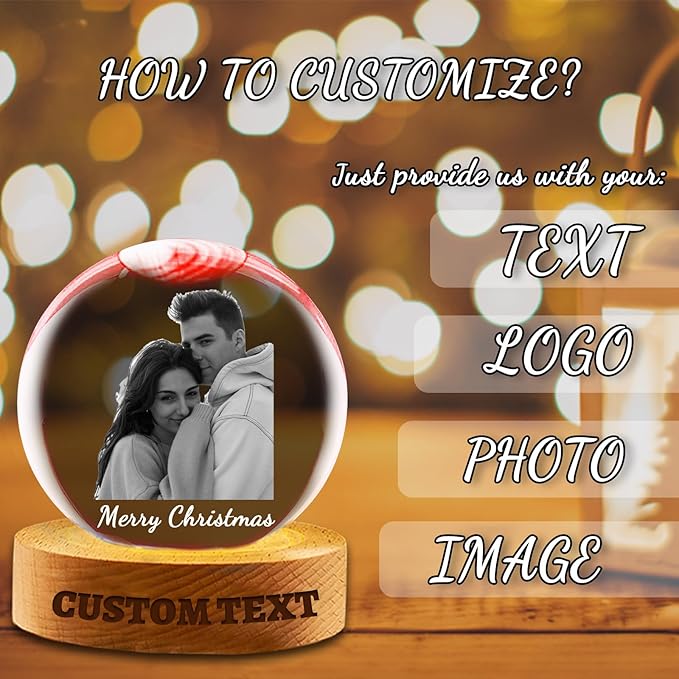 Personalized Photo Crystal Ball Engravable Text Picture Snow Globe Customized Crystal Frame Gifts for Family Couples Friends on Birthday Anniversary Halloween Thanksgiving Day