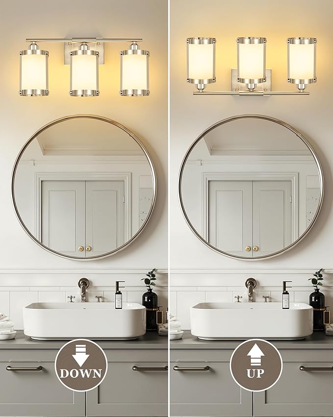 3-Light Brushed Nickel Bathroom Light Fixtures with Milk Frosted Glass, 21" Modern Bathroom Vanity Lighting Fixtures Over Mirror with Metal Cage, Wall Sconce Lights for Bath, E26, OS-3014BNW-3W