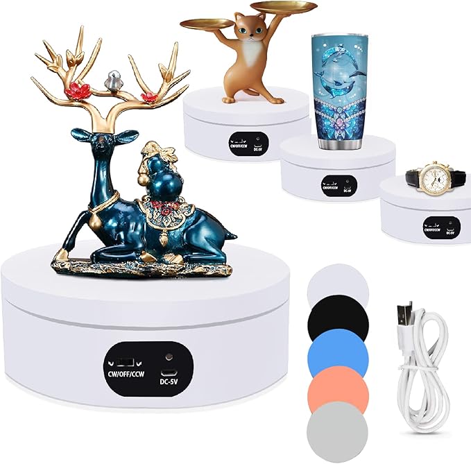YVV Electric Rotating Display Stand 360°Automatic Mute Photography Rotating Turntable Stand,Cup Display Turner Stand, Rotating Base for Glitter Tumblers Making Supplies Spinner, Record Video 16CM
