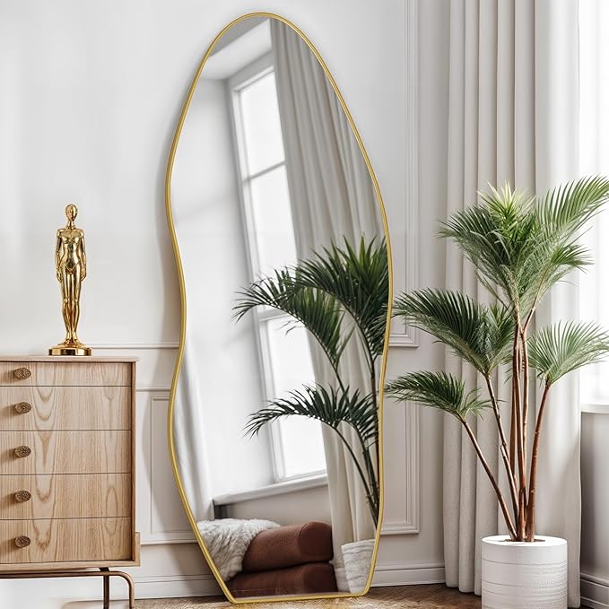 Antok Full Length Mirror, 68"x26" Floor Mirror with Stand, Standing Hanging Leaning Irregular Mirrors for Bedroom Living Room Entryway, Wavy Shaped, Golden