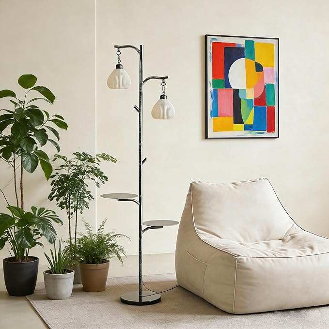 beaysyty Rustic Farmhouse Style Floor Lamp with Tray,Dimmable Floor Lamps, Custom Color Temperature Standing Lamp for Living Room and Bedroom, Painted Silver Gray