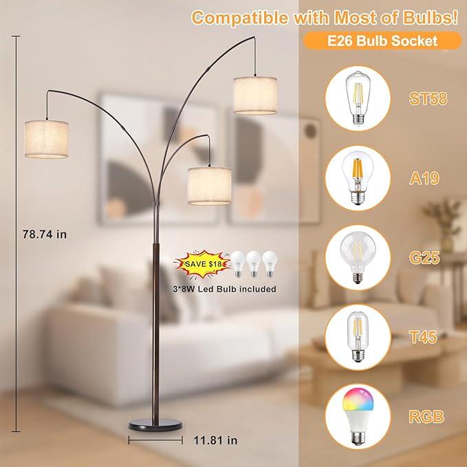 DLLT Modern Floor Lamp for Room: 3-Light Brown Tree Dimmable Floor Lamps with Beige Shades for Living Room - Arc Standing Lamp for Bedroom - Tall Floor Lamp for Office Corner 3 LED Bulbs Included