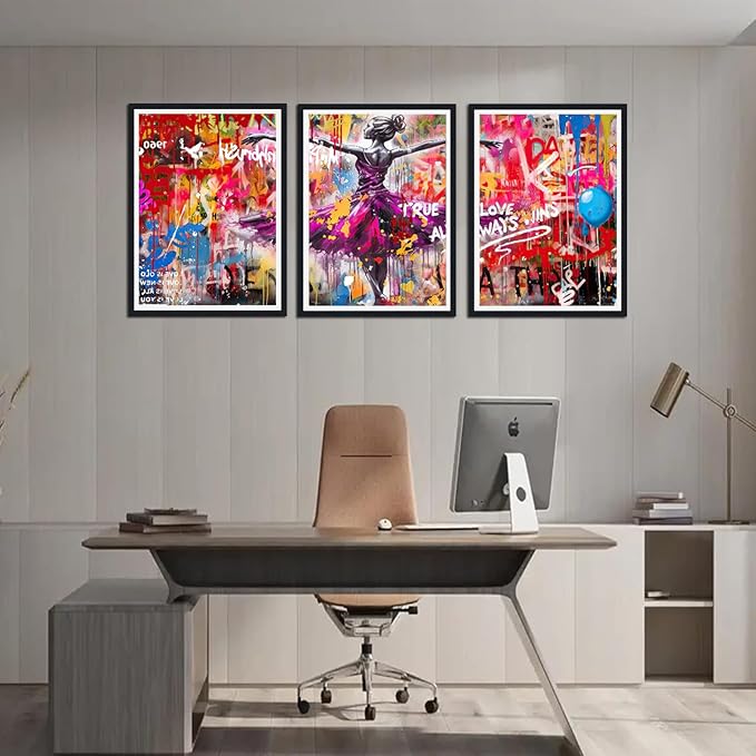 Novatique Graffiti Wall Art for Living Room Banksy Wall Art Colorful Dance Painting Print Framed Ready to Hang,16" x 24" x 3pcs