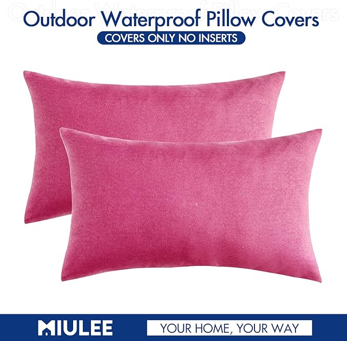 MIULEE Pack of 2 Decorative Outdoor Solid Waterproof Throw Pillow Covers Faux Linen Garden Farmhouse Cushion Cases for Patio Tent Balcony Couch Sofa 20x12 Inch Hot Pink
