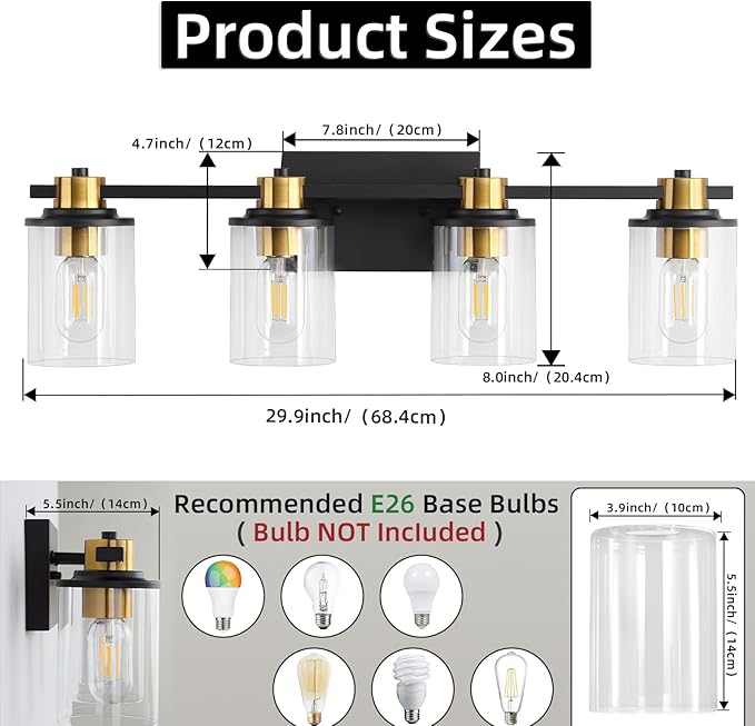 LOUSACE Bathroom Light Fixtures Black and Gold, 4 Light Bathroom Vanity Light, Modern Bathroom Light over Mirror with Clear Glass Shades, Brushed Gold Socket Wall Vanity Lighting Fixtures for Bathroom
