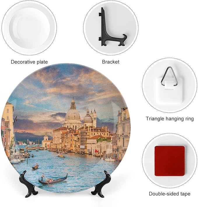 XISUNYA 7 Inch Decorative Plate, Venice Porcelain Plate, Gondola on Famous Canal Grande Print Ceramic Display Plate for Decorative Ornaments Giving Plates, 1 Plate with 1 Display Stand, Blue Cream