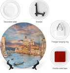 XISUNYA 7 Inch Decorative Plate, Venice Porcelain Plate, Gondola on Famous Canal Grande Print Ceramic Display Plate for Decorative Ornaments Giving Plates, 1 Plate with 1 Display Stand, Blue Cream