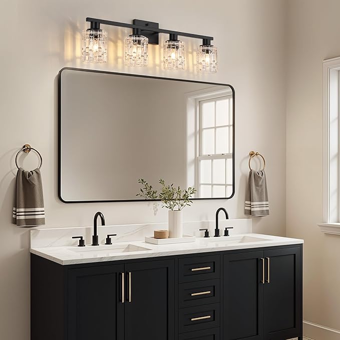 4 Light Matte Black Bathroom Vanity Light Over Mirror, Modern Vanity Lighting with Crystal Glass Shade, Wall Mount Bathroom Light Fixtures, E26 Base