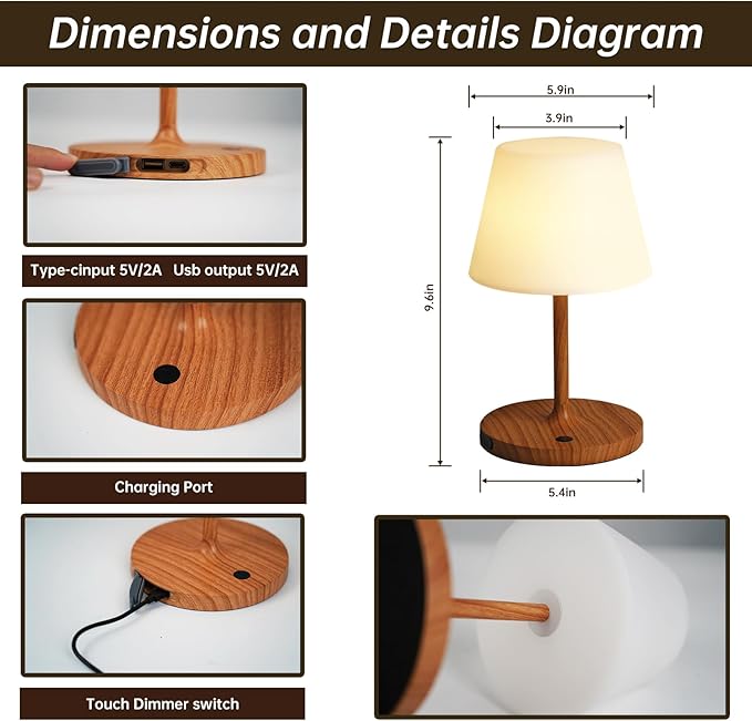 Waterproof Rechargeable Table Lamp - Portable Cordless Desk Lamp with 8 RGB Colors,4000mAh Outdoor Stepless Dimmable LED Night Light for Bedroom, Living Room,Camping Restaurant,Office (Wood Grain)
