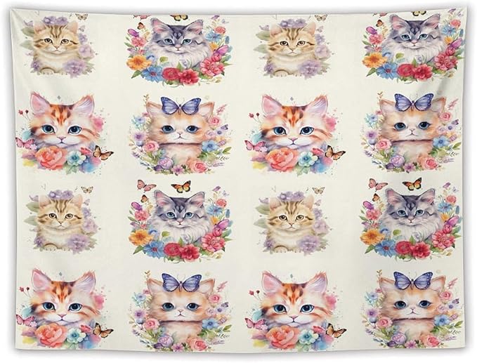 VUMIVI Watercolor Flower Cat Tapestry Colorful Cartoon Cute Animals Butterflies Abstract Art Print Tapestry Wall Hanging for Living Room Bedroom Dorm Classroom Aesthetic Decor W80xL60in