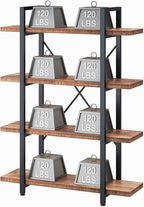 HSH Solid 4 Tier Natural Real Wood Bookshelf, 4 Shelf Rustic Wooden and Metal Bookcase, Farmhouse Open Vintage Industrial Etagere Book Shelf for Office Living Room Bedroom Storage, Distressed Brown