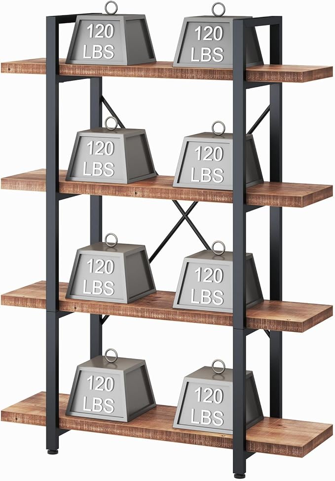 HSH Solid 4 Tier Natural Real Wood Bookshelf, 4 Shelf Rustic Wooden and Metal Bookcase, Farmhouse Open Vintage Industrial Etagere Book Shelf for Office Living Room Bedroom Storage, Distressed Brown