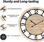 Maxstar 30'' Wall Clock for Living Room Decor, Silent Rustic Wooden Farmhouse Wall Clock with Metal & Real Wood Frame, Battery Operated, for Kitchen Bedroom Office, Arabic Numerals