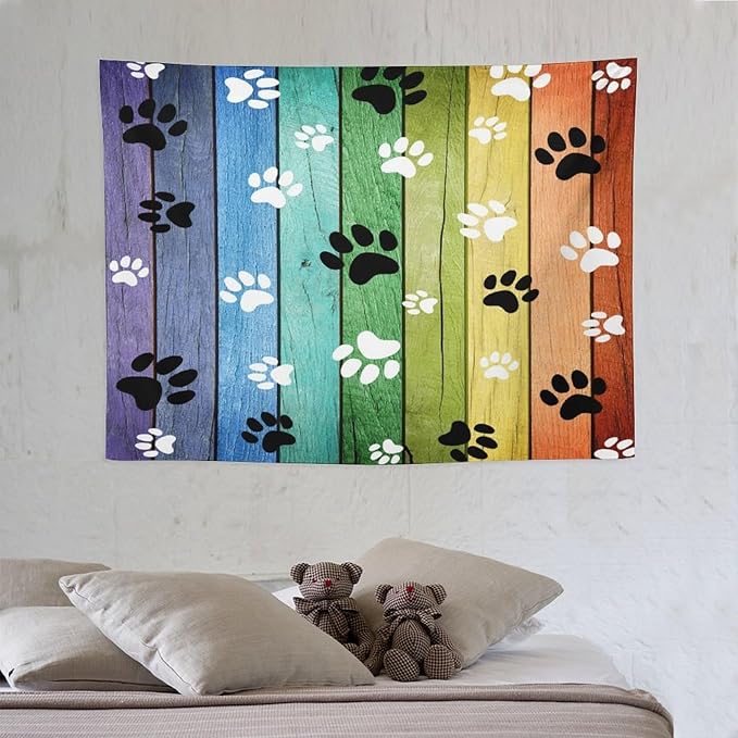 VUMIVI Dog Paw Tapestry Vintage Rustic Colorful Barn Boards Black White Animal Footprints Tapestry Wall Hanging for Living Room Bedroom Dorm Classroom Aesthetic Decor W40xL30in