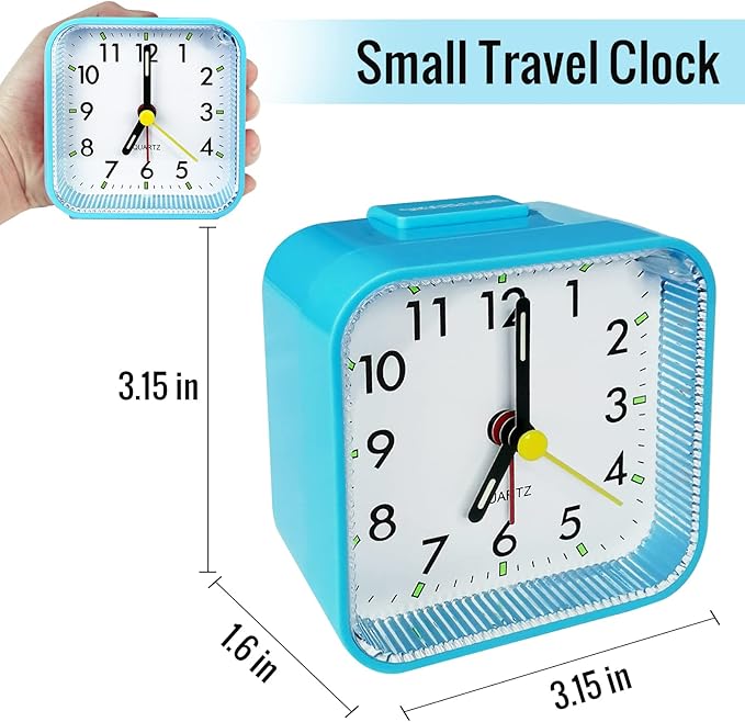 Small Battery Operated Analog Alarm Clock for Bathroom, Travel Clock, Quieter Bedrooms Desk Bedside Clocks for Kids Teen, Blue