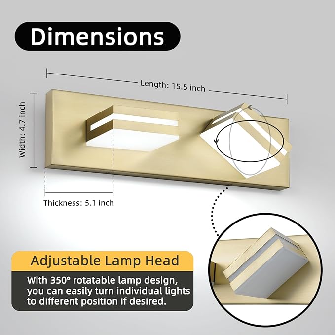 OKELI 2 Lights Bathroom Vanity Light Fixtures Gold LED Dimmable Vanity Light Over Mirror Modern Wall Mounted Lighting Fixture, 350° Rotatable Lamp Head 24W Cold White 6000K ETL Listed