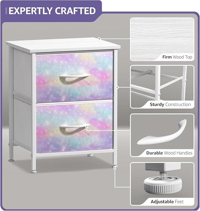 Sorbus Nightstand with 2 Drawers - Kids Bedside Furniture End Table Night Stand - Steel Frame, Wood Top & Easy Pull Fabric Bins - Dresser & Chest for Home, Bedroom Accessories, Office & College Dorm