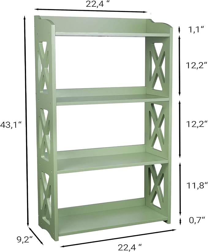 Green Bookcase by Natural Wood, 4 Tier Bookshelf, Small Book Shelves Freestanding Display Storage Shelves. Open Bookshelf for Bedroom, Living Room and Office (Green, 4 Tier)