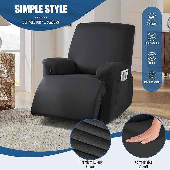 TAOCOCO Oversized Recliner Chair Covers 4-Pieces, Stretch Recliner Cover for Large Recliner Washable Reclining Chair Cover Polyester Soft Fabric Furniture Protector (Oversized Recliner, Black)