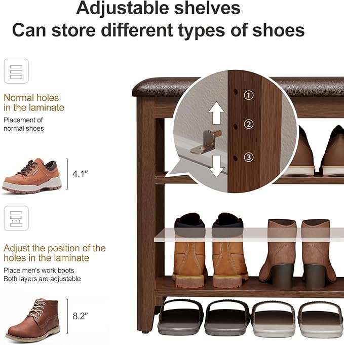 Solid Rubberwood Shoe Bench with Cushion, 3-Tier Entryway Bench with 14.6" Tall Boot Storage, Adjustable Shelves Shoe Rack Bench Used for Mudroom, Bedroom, Hallway, Walnut Finish (39.4" W)