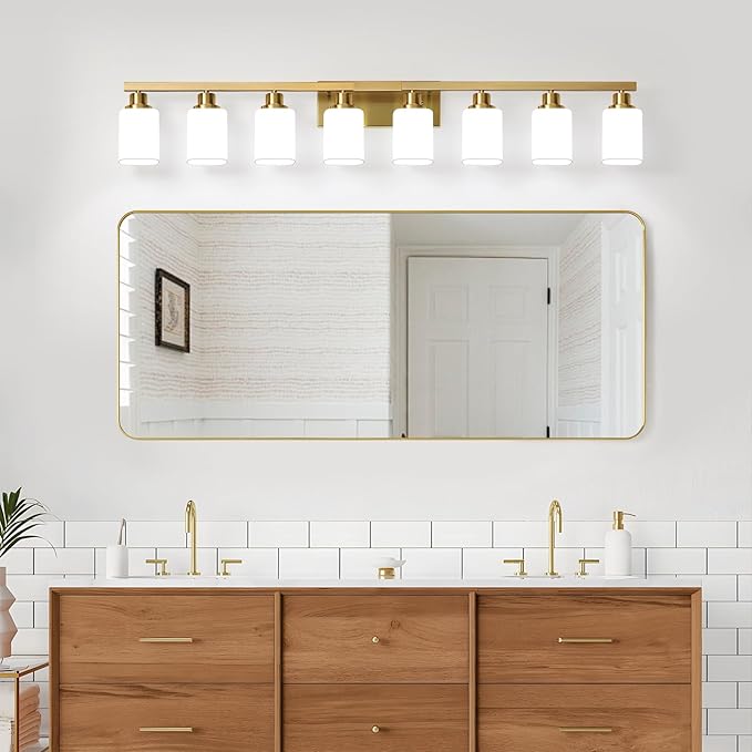 Bathroom Vanity Light,8-Light Brushed Gold Bathroom Light Fixtures with Square Frosted Glass, 51in Gold Wall Lamp Sconces for Mirror Bedroom,Living Room Hallway,E26